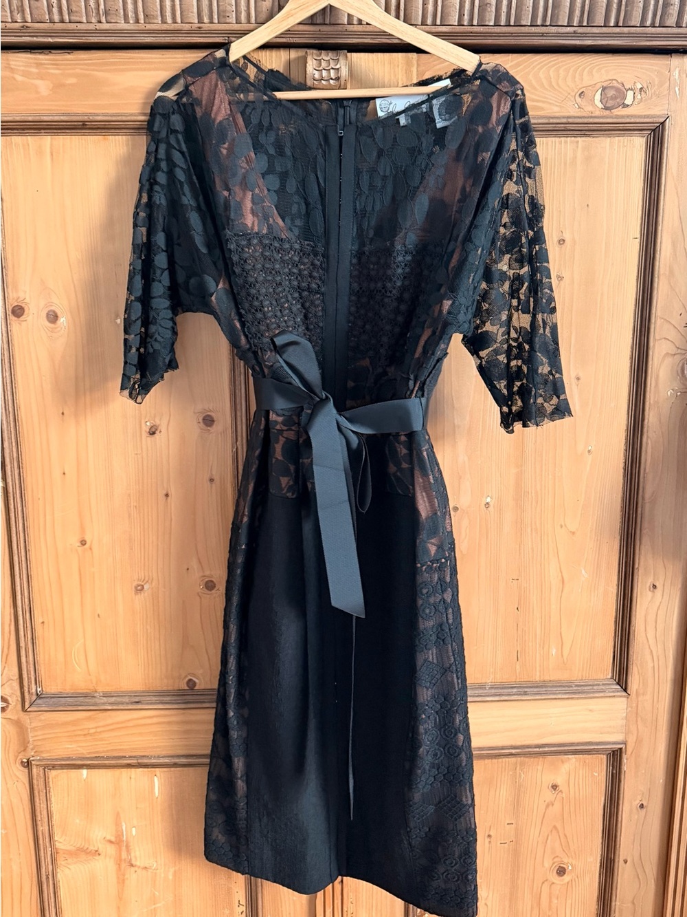 Anthropologie | In Earnest Black Lace Midi Dress with Satin Waist Tie